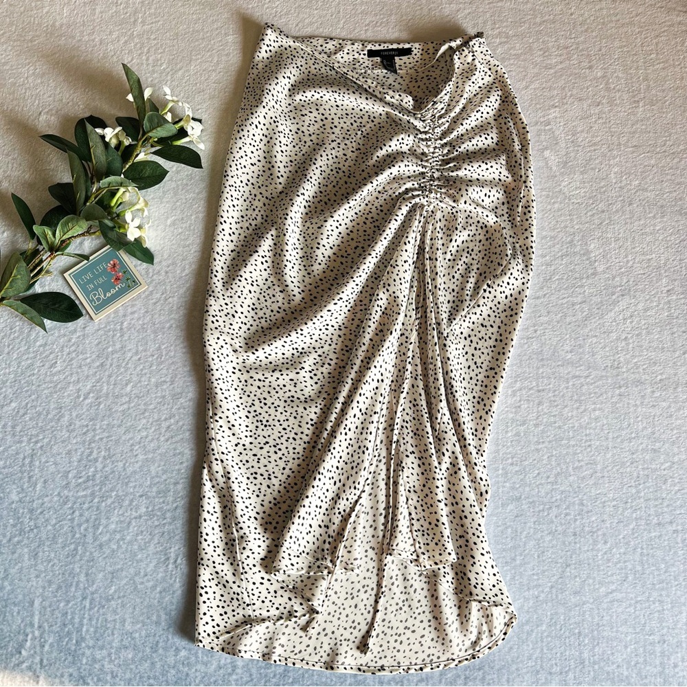 Forever 21 Sz M Ivory Polka Dots Midi Skirt Ruched Side Zipper